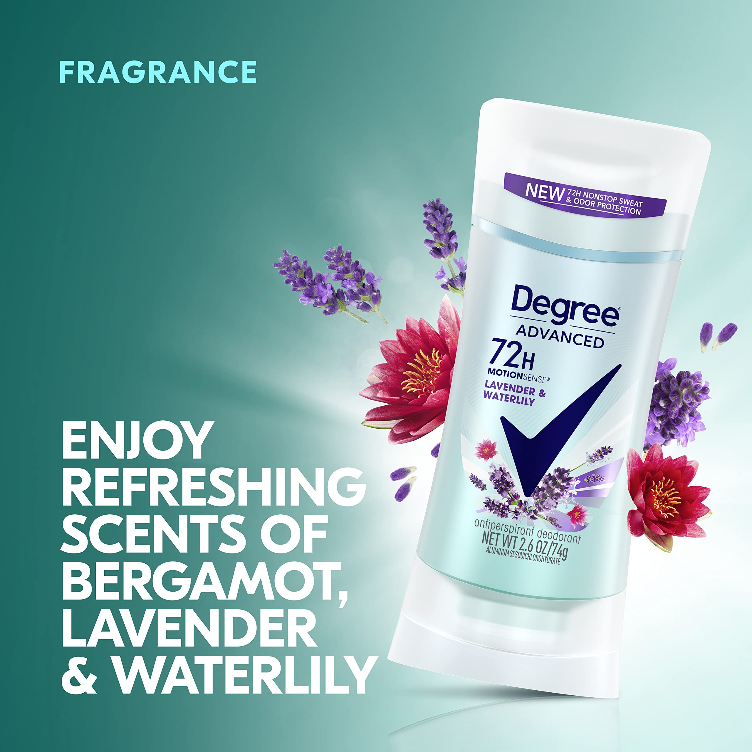 Degree Antiperspirant Deodorant 72-Hour Sweat and Odor Protection Lavender and Waterlily Antiperspirant for Women with MotionSense Technology 2.6 oz 4 Count